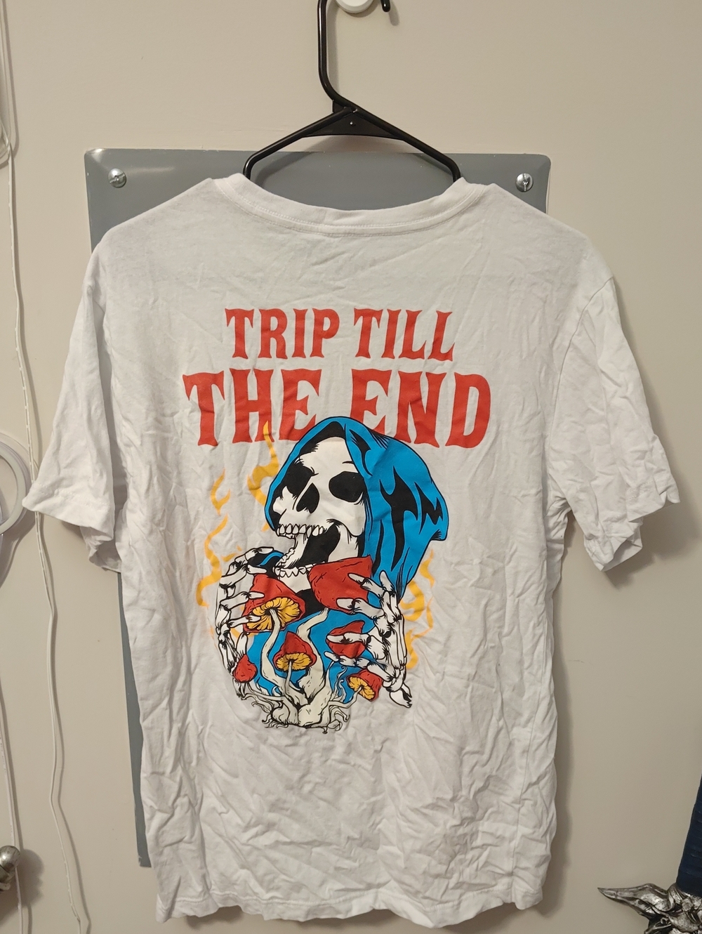 Miken White Graphic Tee with Blue Hood & Red Text